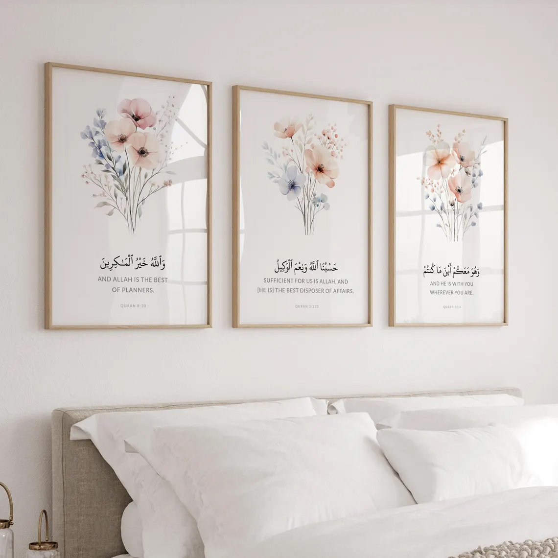 Floral Islamic Quranic Verse Wall Art Set of 3 – Muslim Home Decor | VIBBES