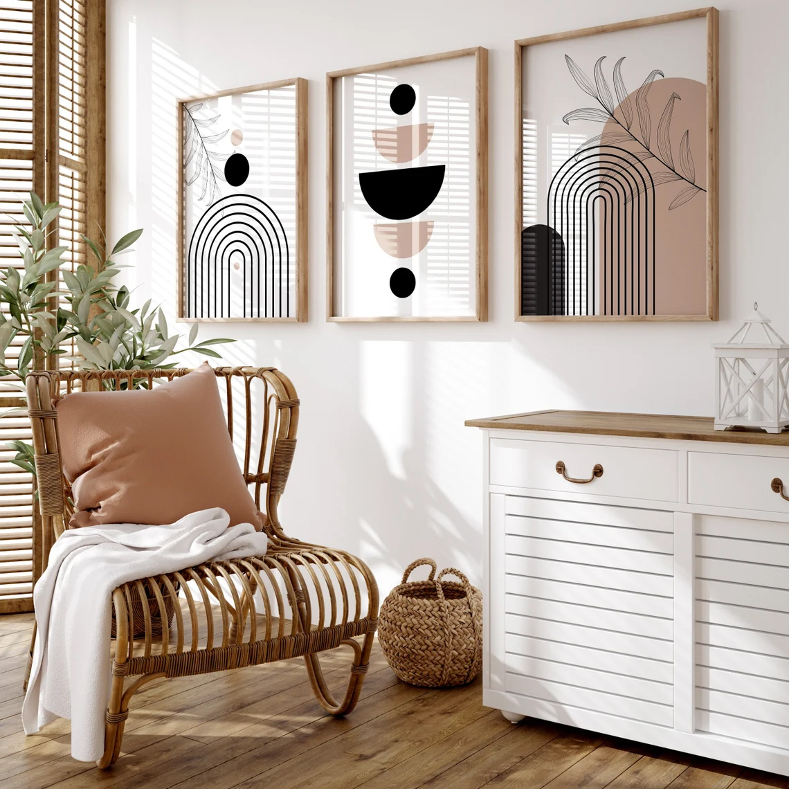 Modern Abstract Botanical Geometric Wall Art Set of 3 Minimalist Home Decor