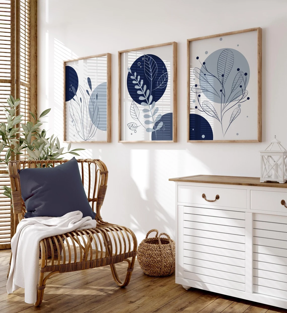 Blue Serenity – Modern Botanical 3-Piece Wall Frame Set