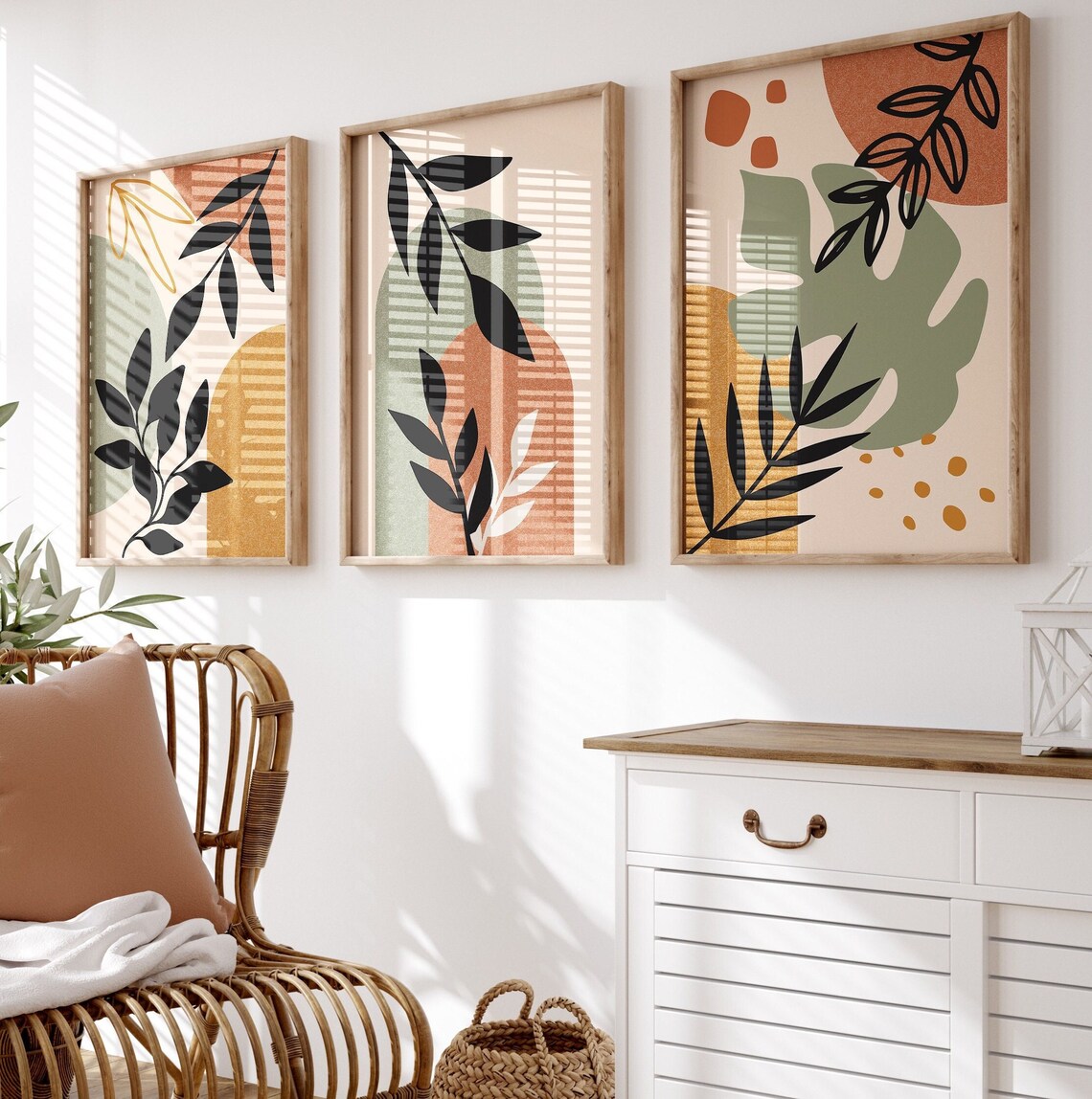 Warm Botanical Wall Frames | Modern Abstract 3-Piece Wall Art Set