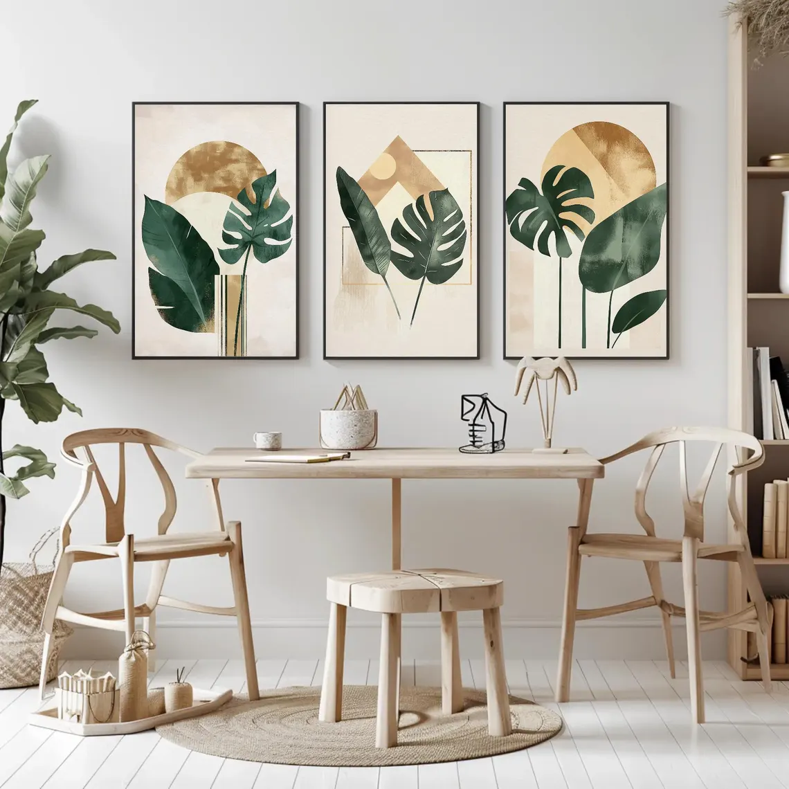 Midnight Tropics – Abstract Monstera & Geometric Sun Triptych