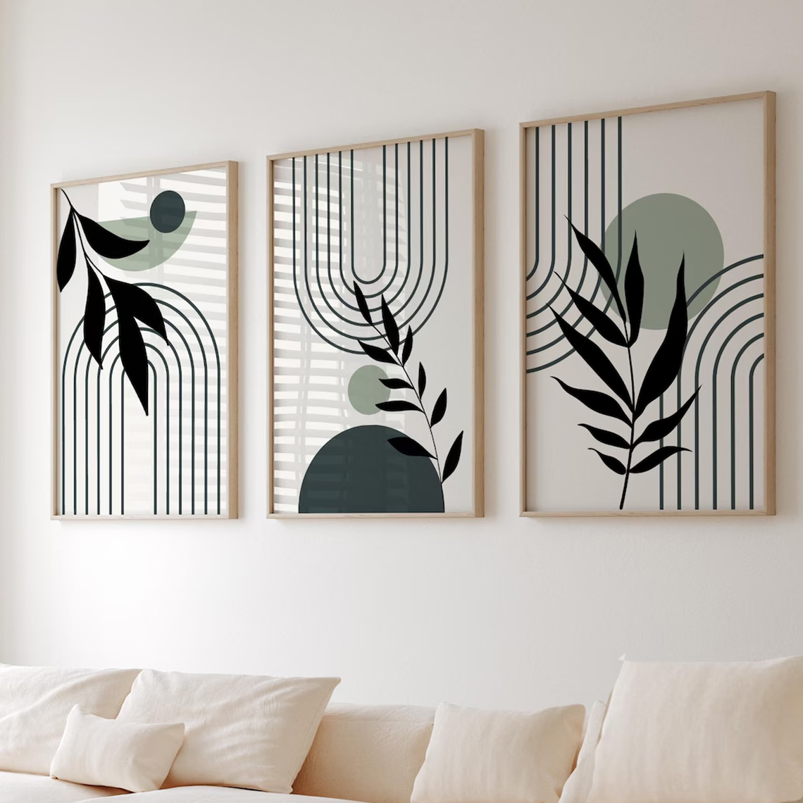 Modern Abstract Green Botanical Wall Art Set of 3 | Minimalist Geometric Decor | VIBBES