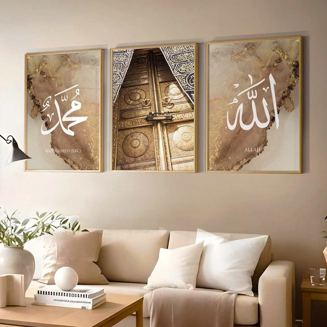 Islamic Wall Art Allah Muhammad Kaaba Gold Marble Set of 3 | VIBBES Wall Decor