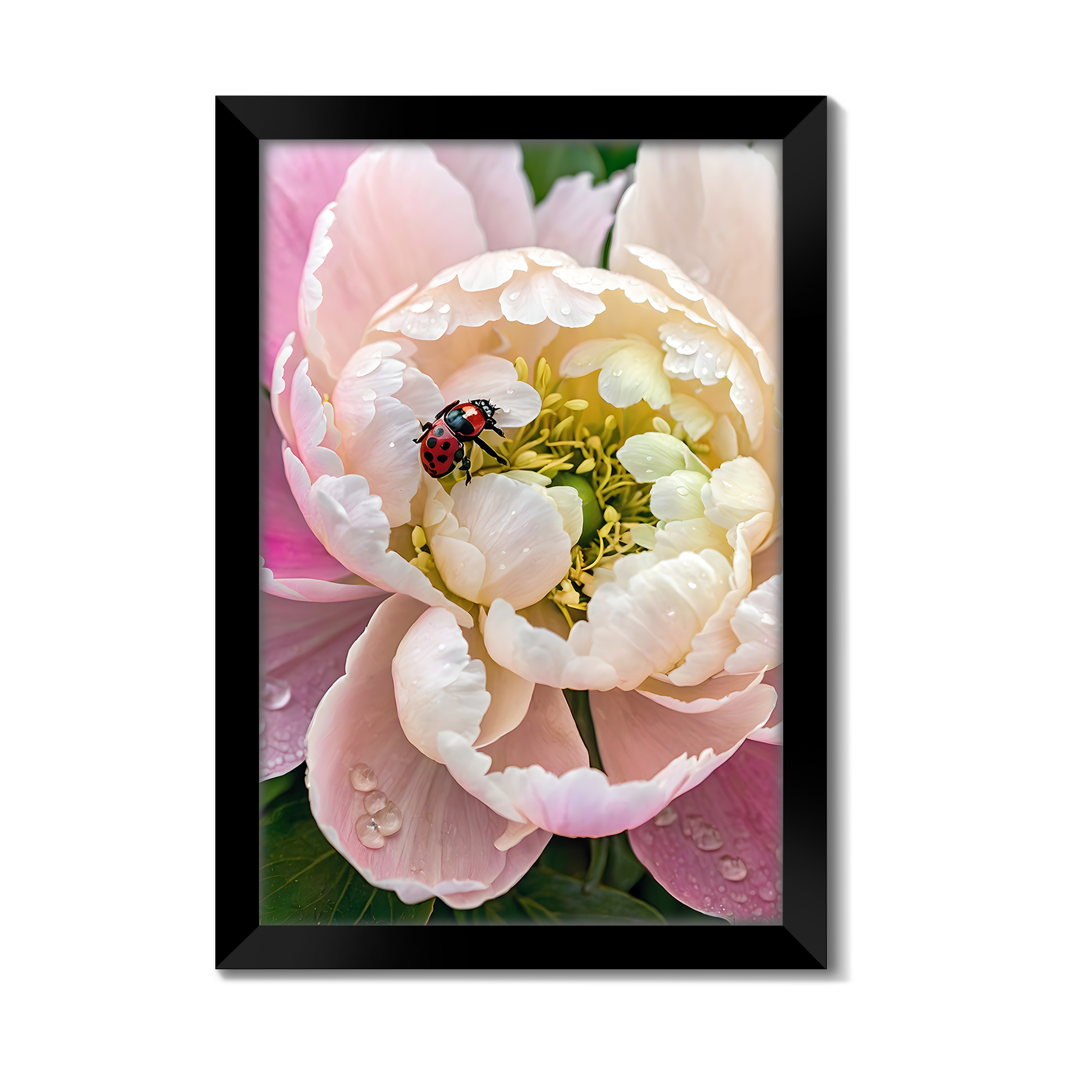 Pink Peony Flower Wall Art with Ladybug | Floral Wall Decor with Frame | Vibbes