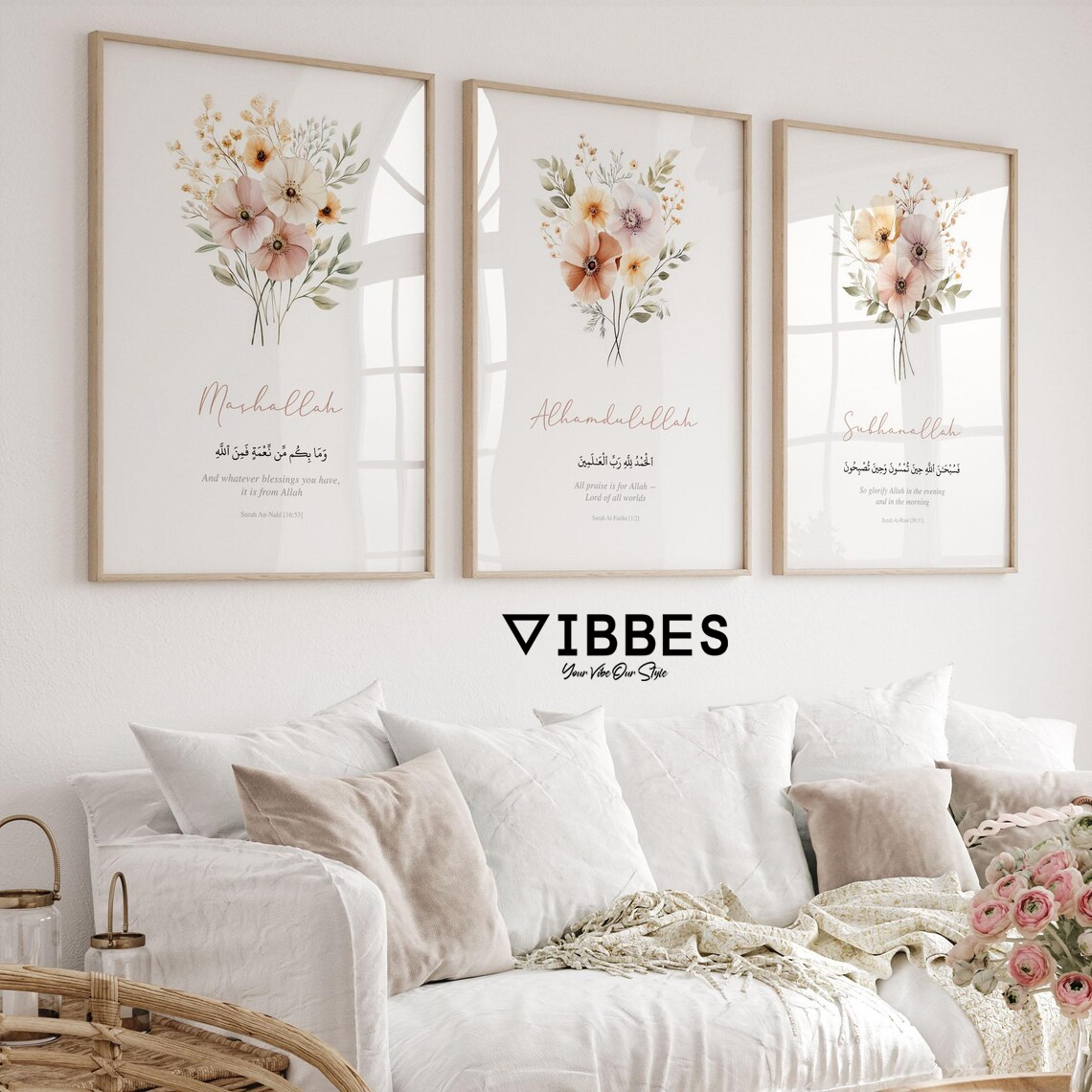 Mashallah Alhamdulillah Subhanallah Floral Islamic Wall Art Set of 3 Bedroom Decor