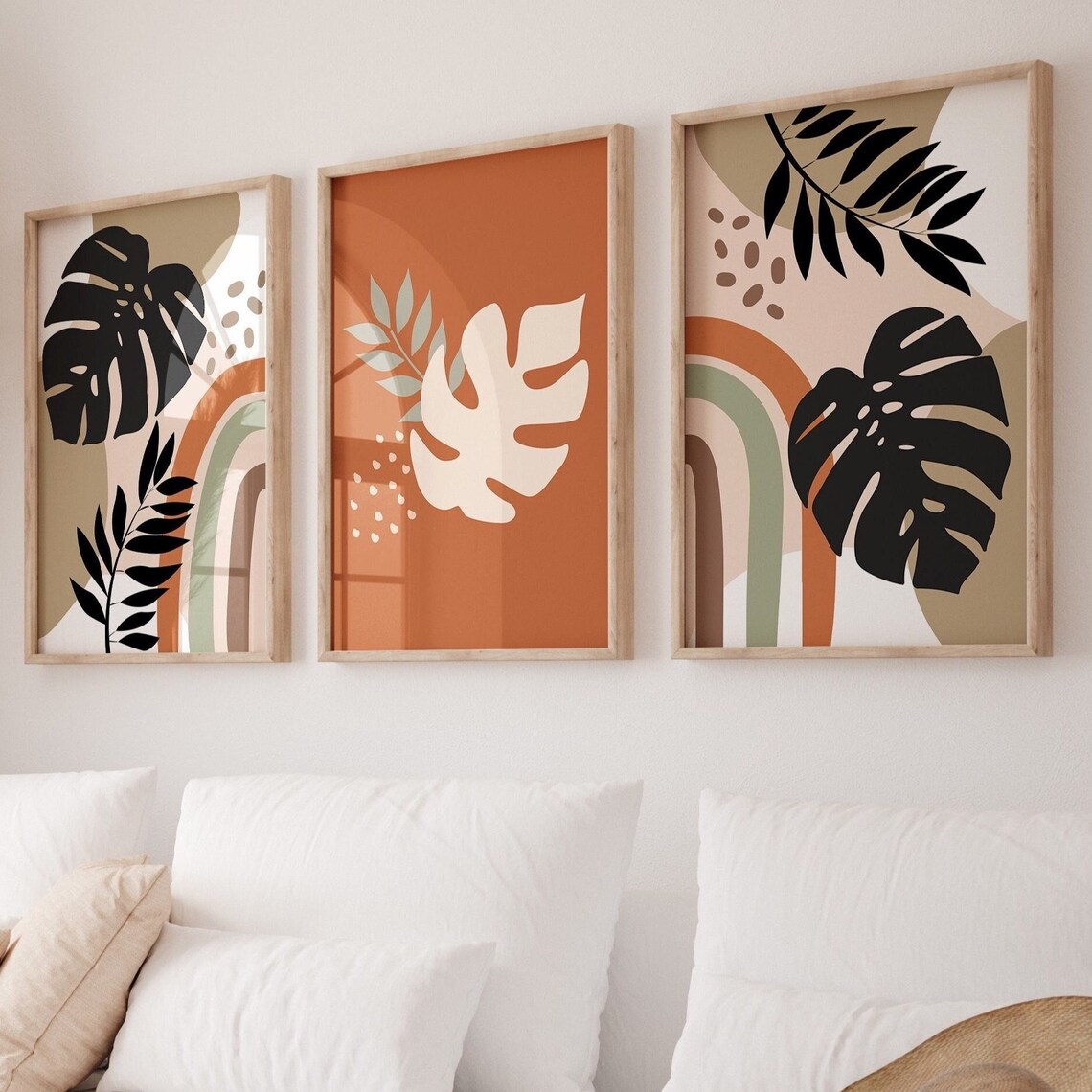 Boho Abstract Leaf Wall Art Set of 3 Modern Minimalist Botanical Wall Decor