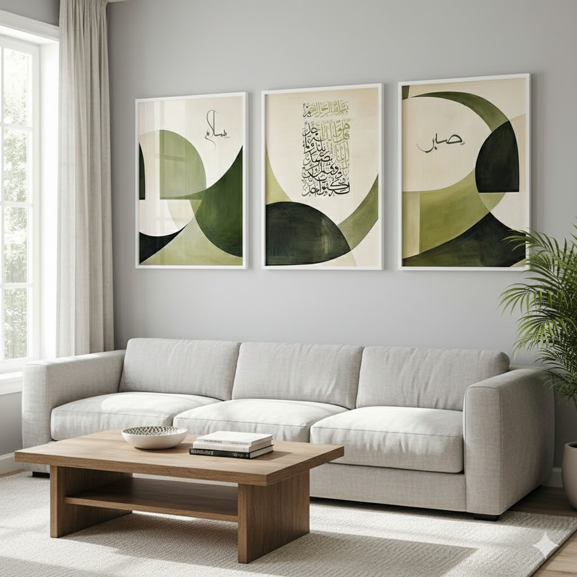 Islamic Modern Abstract Calligraphy Wall Art Set of 3 Green Minimal Arabic Decor