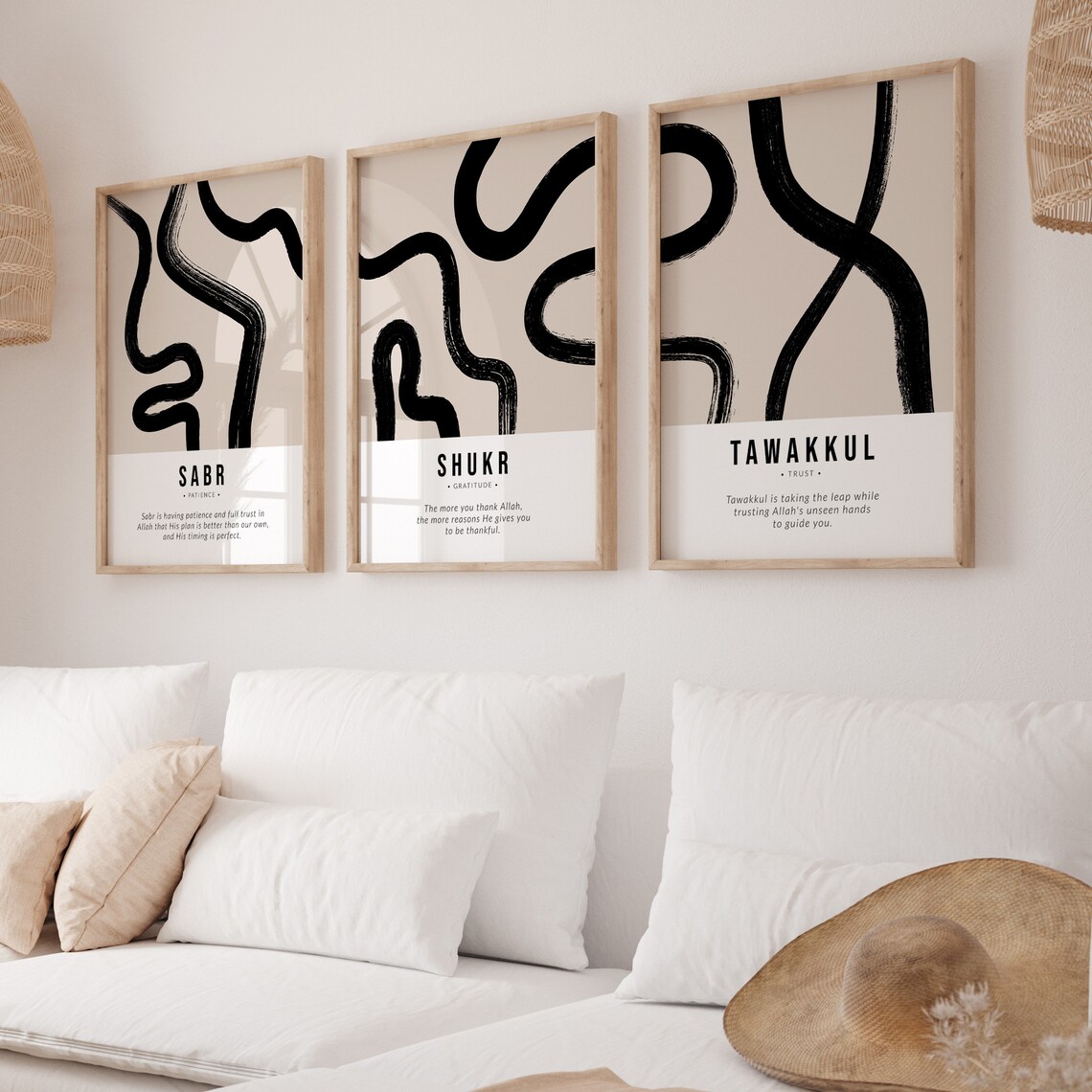 Sabr Shukr Tawakkul Modern Abstract Islamic Wall Art Set of 3 Minimal Typography Frames